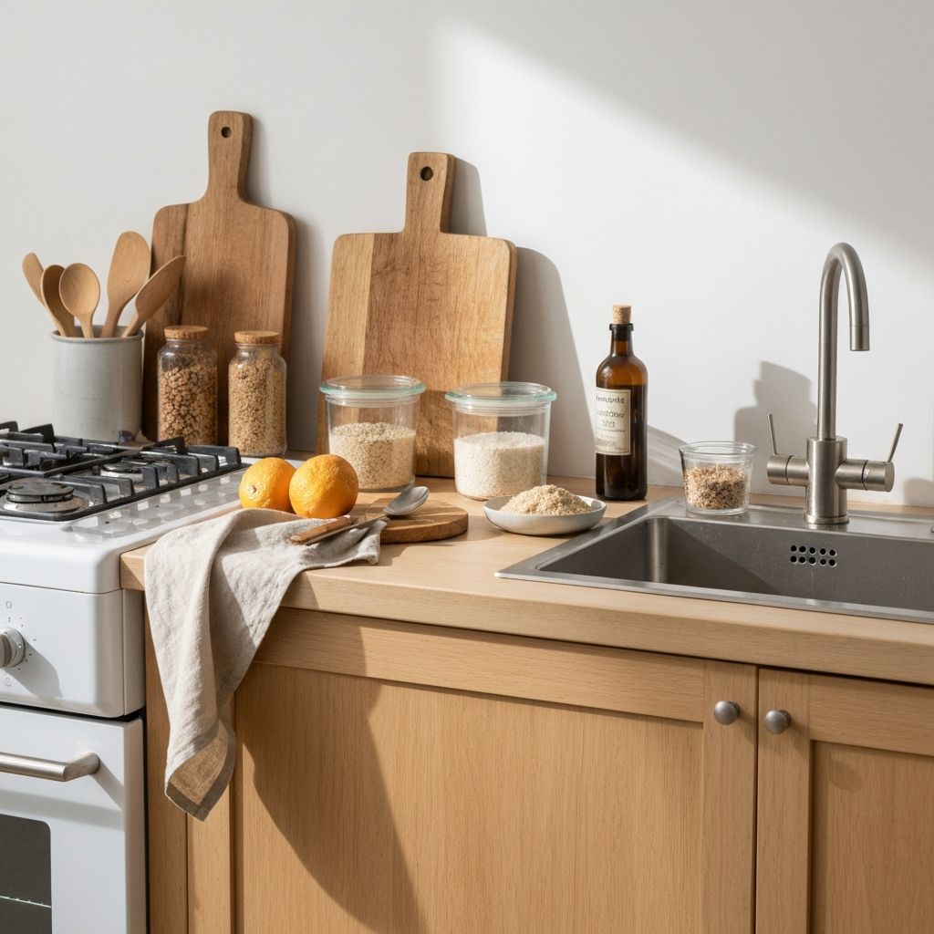 Serene kitchen scene with fresh ingredients and reusable containers